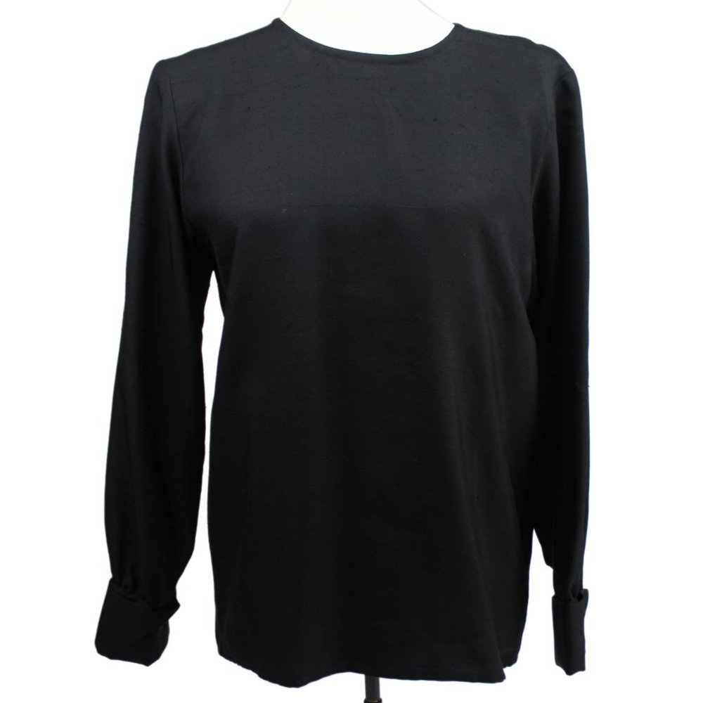 VTG Saint Laurent Rive Gauche Black 100% Raw Silk Button Back Blouse 36 France